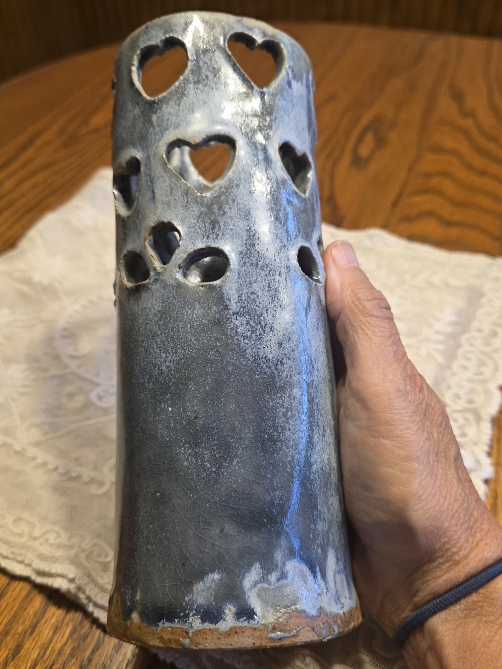 Artisan Blue-Gray Heart-Cut Ceramic Lantern